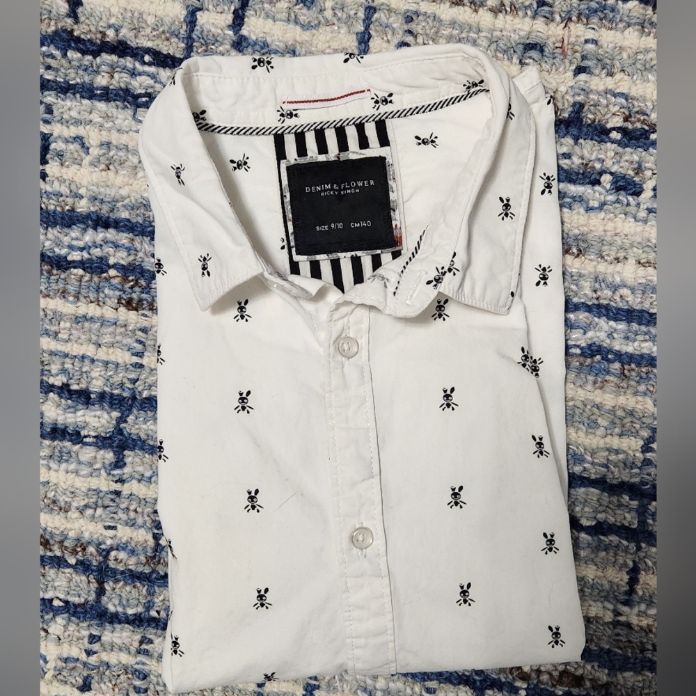 Denim & Flower White Patterned Rabbits & Flowers Boy's Shirt